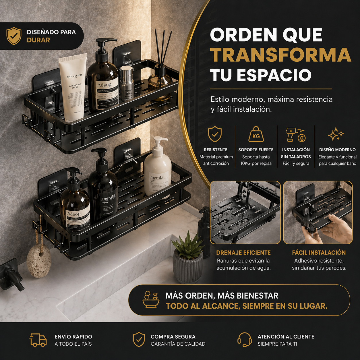 Estante de baño metálico.
